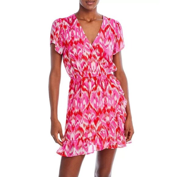 AQUA Womens Dress XS Pink Pullover Faux Wrap Mini Elastic Waist VNeck Ikat - Picture 1 of 9